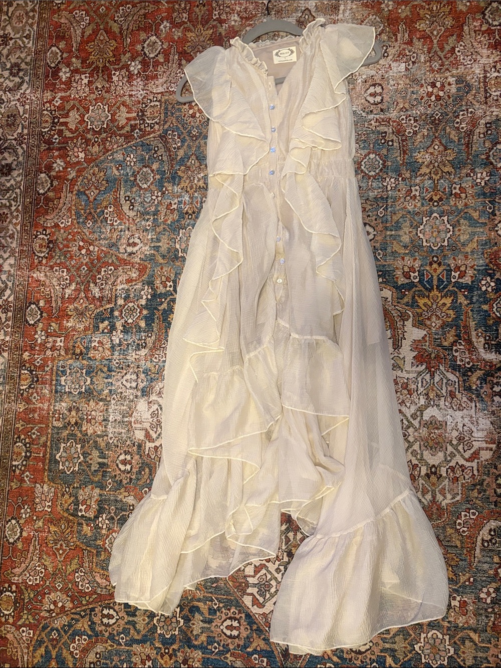 Girls' cream Ruffle Maxi Dress with Button Front